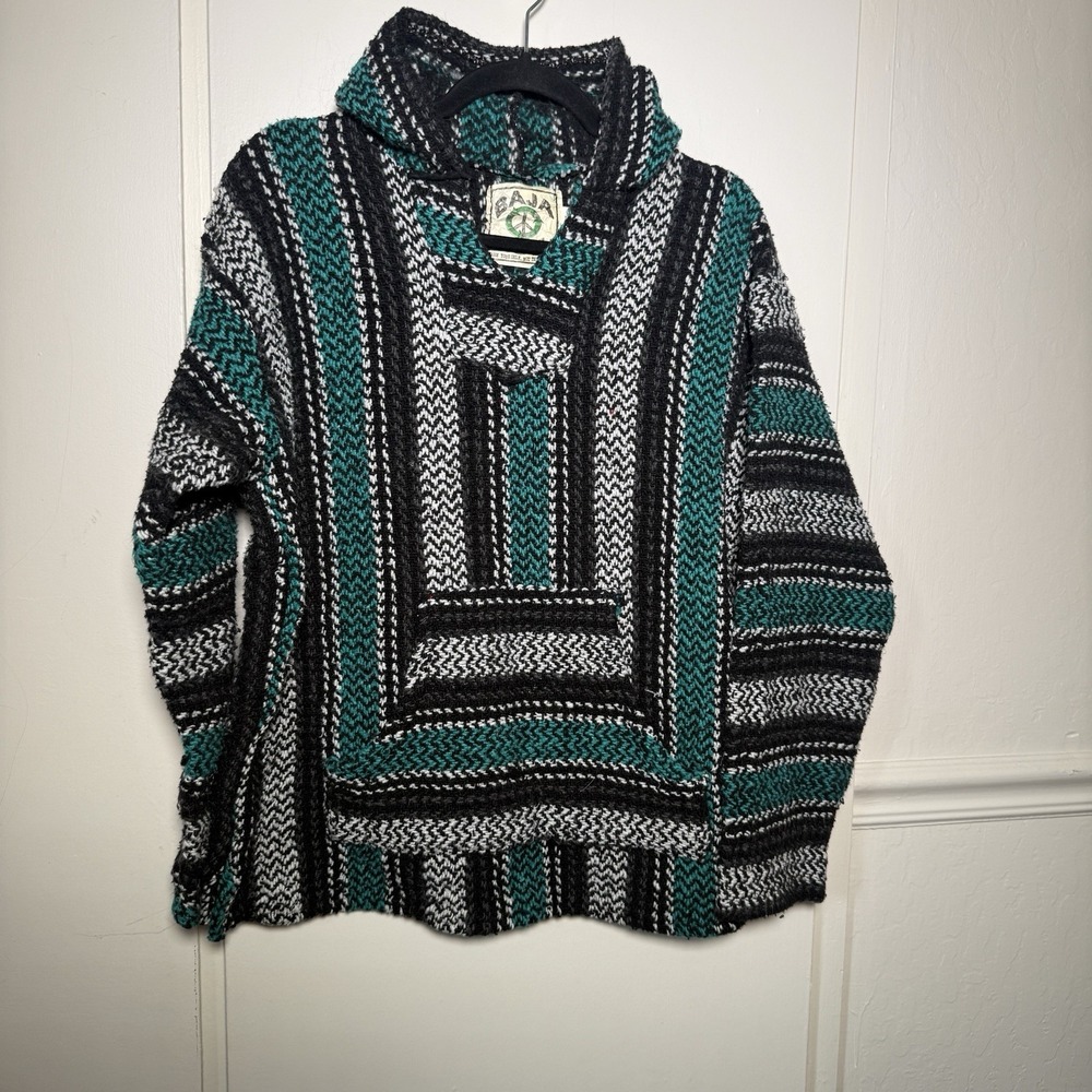 Baja Joe Hoodie Mens Large Black Green Striped Cotton Drug Rug Hippie Winter